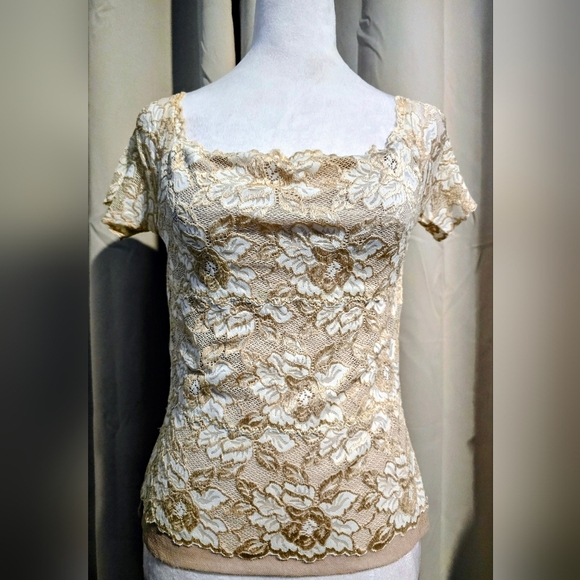 Cache Tops - Vintage Cache Lace Floral Blouse - Cream and White Made In The USA